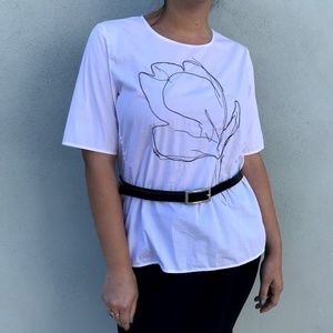 Calvin Klein White Cotton Black Stitched Rose Top